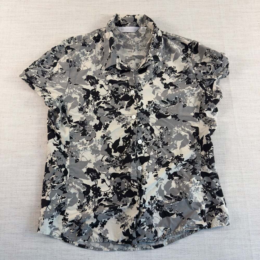 Karen‎ Neuburger 100% Silk Floral Button Down Shirt Black Grey Womens M